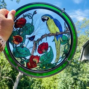 Vintage Stained Glass Parrot Butterfly Flowers‎ Sun Catcher 10" Round Hanging